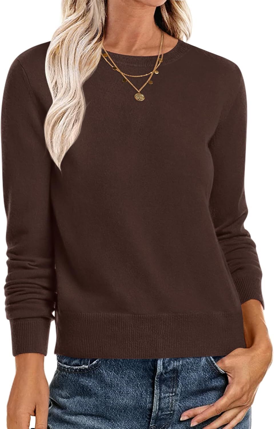 Anrabess Sweaters for Women Long Sleeve Lightweight Crewneck Soft Basic Knit Loose Fit Pullover Top 2025 Fall Trendy Outfits Coffee Small