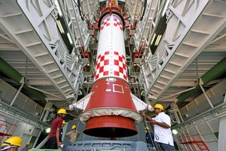 Technicians prepare India's Small Satellite Launch Vehicle for its debut launch, which is scheduled for Aug. 6, 2022.