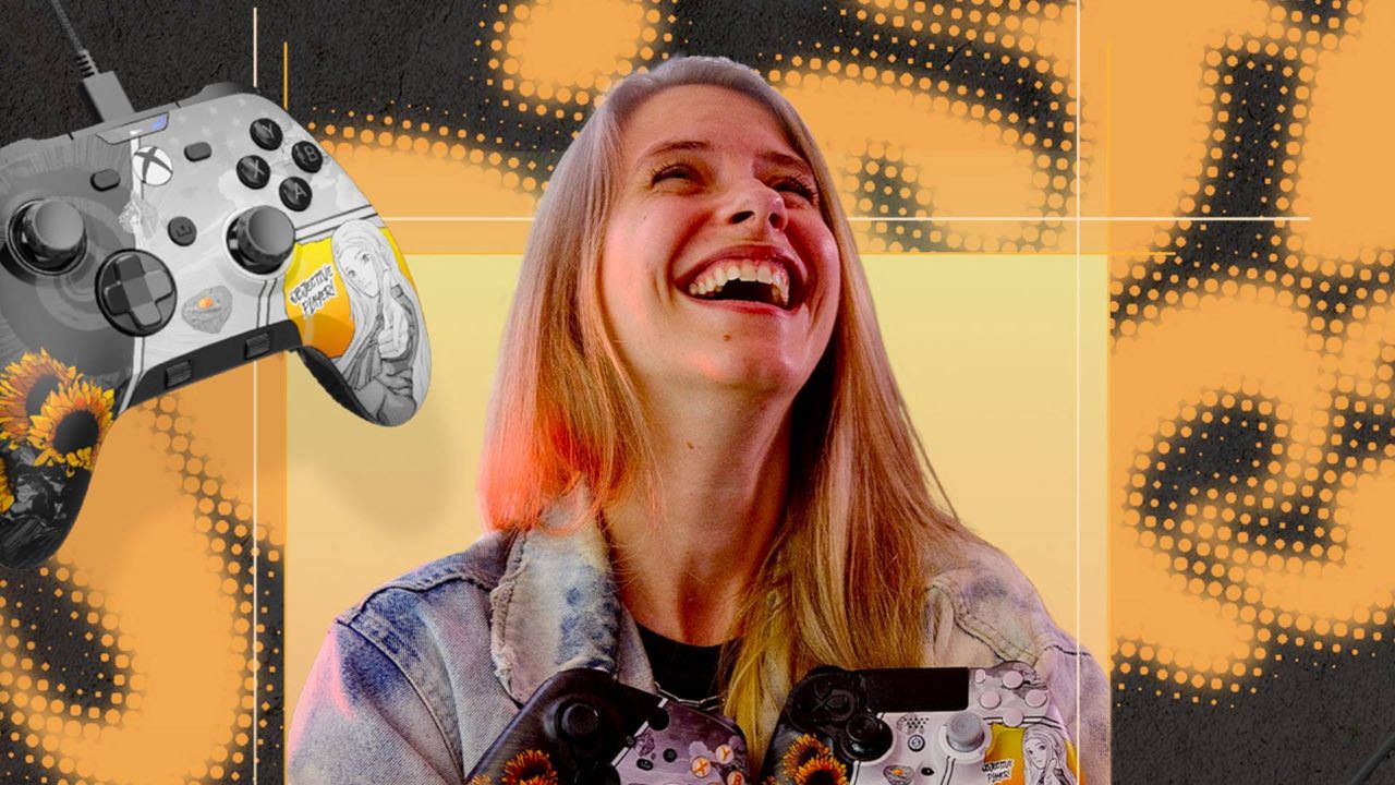 Call of Duty content creator NoisyButters (Hannah Bryan) holding themed Scuff Valor Pro controller with gamepad featured on left hand side.