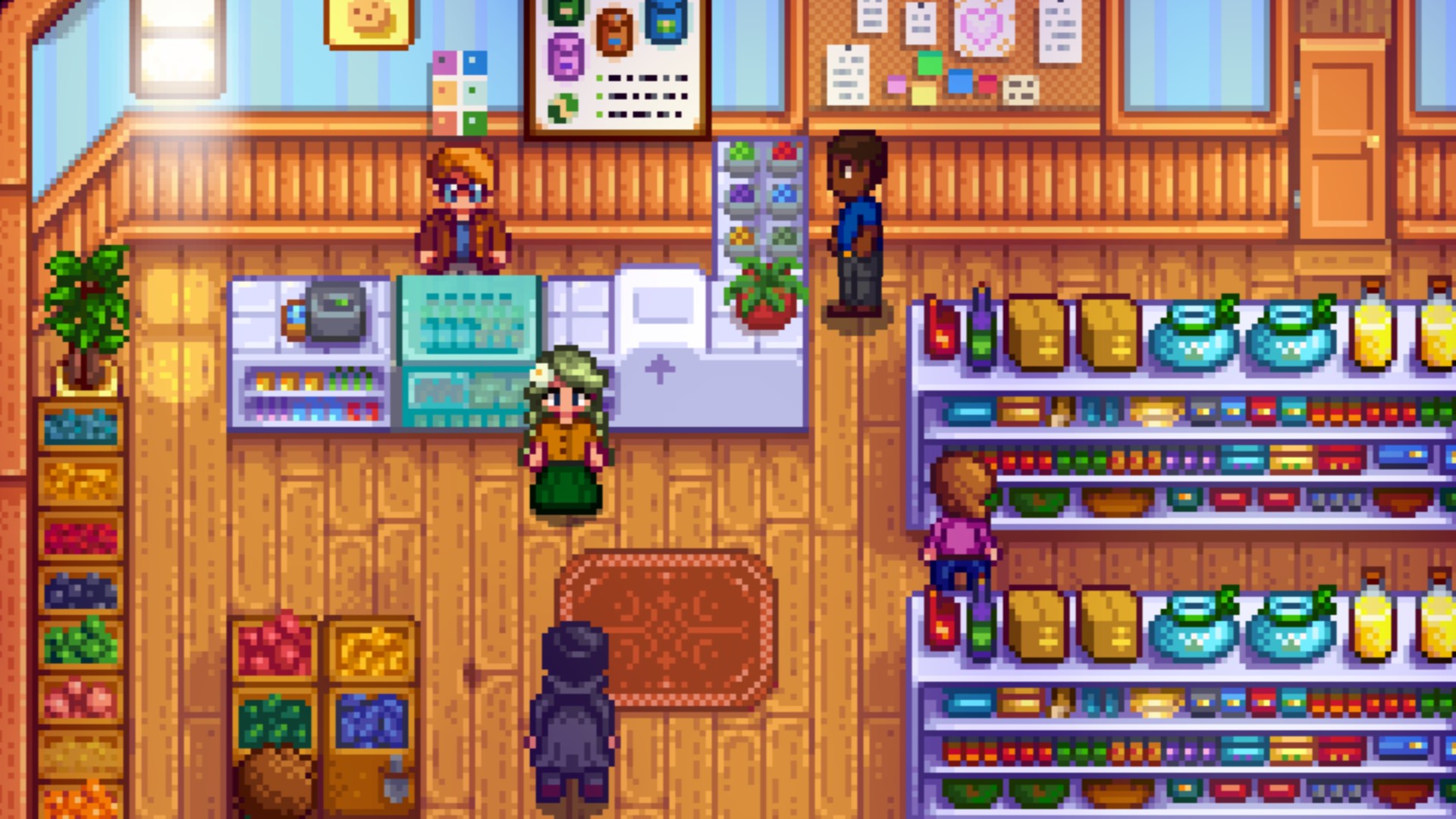 The Stardew Valley General Store owned by Pierre (standing behind the counter) and his family. Pierre is talking to the player character and about to be interrupted by a Joja Mart NPC.