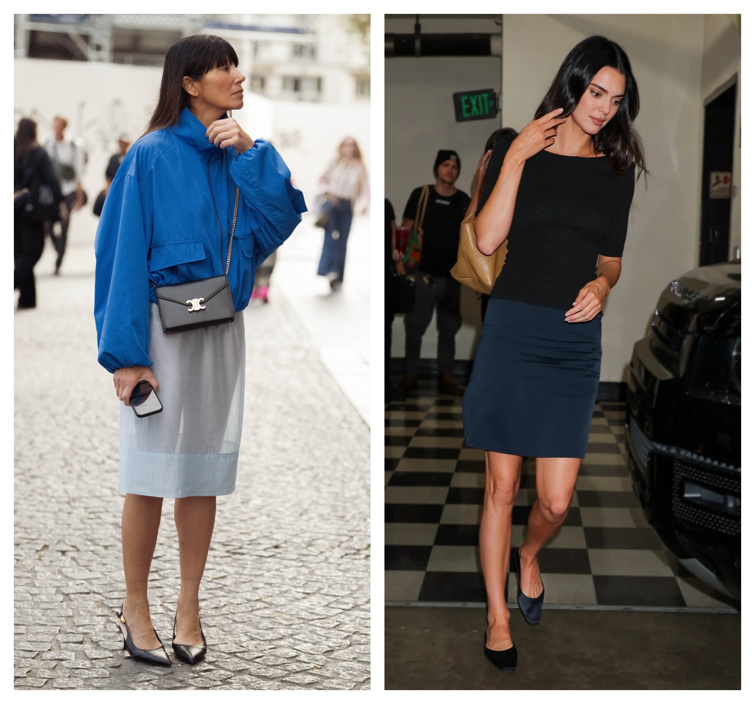 collage of a French girl and Kendall Jenner wearing the same French girl trend: pencil skirts