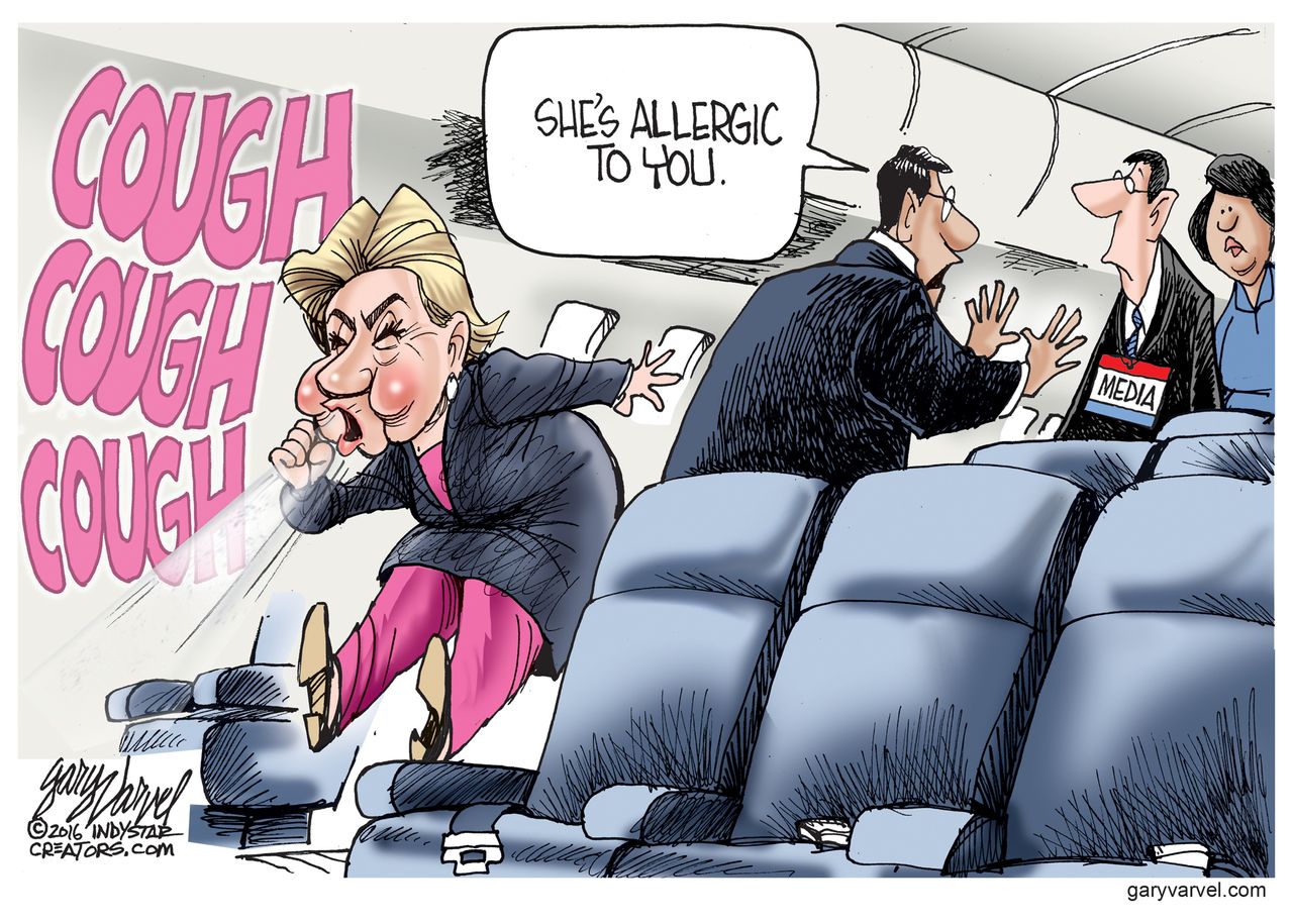 Political cartoon U.S. 2016 election Hillary Clinton Media allergy