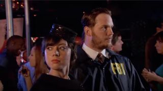 Aubrey Plaza and Chris Pratt as Janet Snakehole and Burt Macklin/April Ludgate and Andy Dwyer
