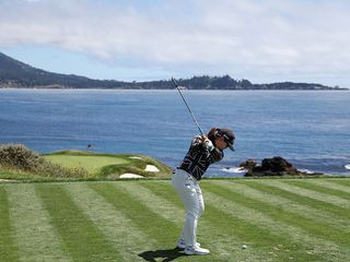 Nasa Hataoka hitting a tee shot into the par-3 7th hole at Pebble Beach