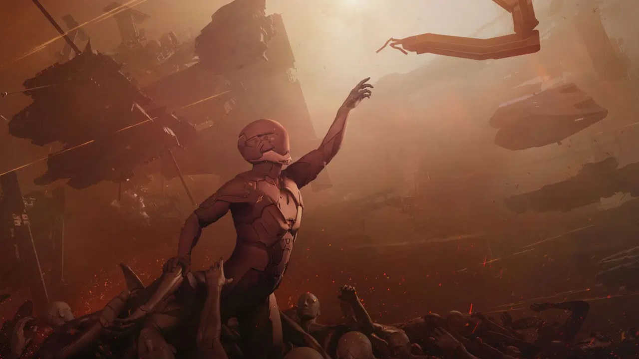 EVE Frontier key art of shell rising out of pile of bodies to touch robot arm, with ships in background.