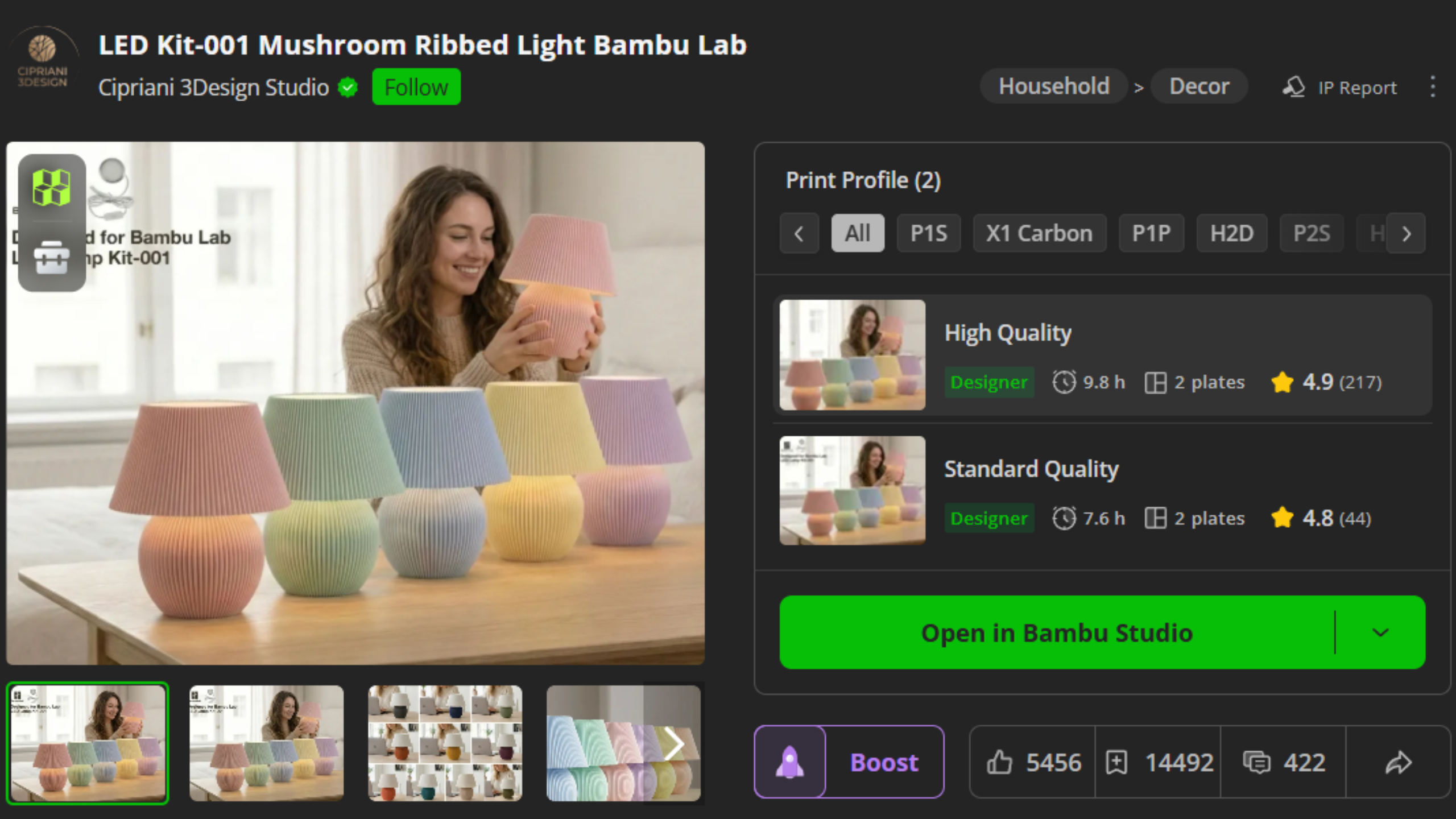A screenshot of the Bambu Lab A2L model for table lamps