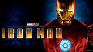 En promobild för Iron Man med superhjälten iklädd sin dräkt och logon skriven framför.