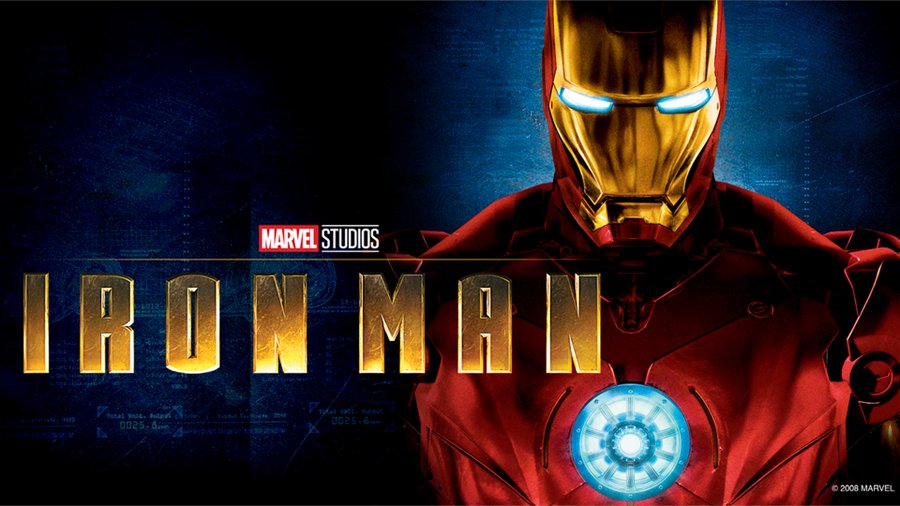 En promobild för Iron Man med superhjälten iklädd sin dräkt och logon skriven framför.