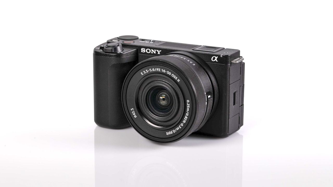 Sony ZV-E10 II on reflective surface and white background