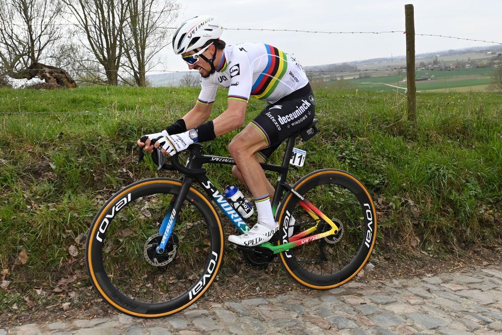 French Julian Alaphilippe of Deceuninck QuickStep pictured in action during the 105th edition of the Ronde van Vlaanderen Tour des Flandres Tour of Flanders one day cycling race 254km from Antwerp to Oudenaarde Sunday 04 April 2021 BELGA PHOTO DIRK WAEM Photo by DIRK WAEMBELGA MAGAFP via Getty Images