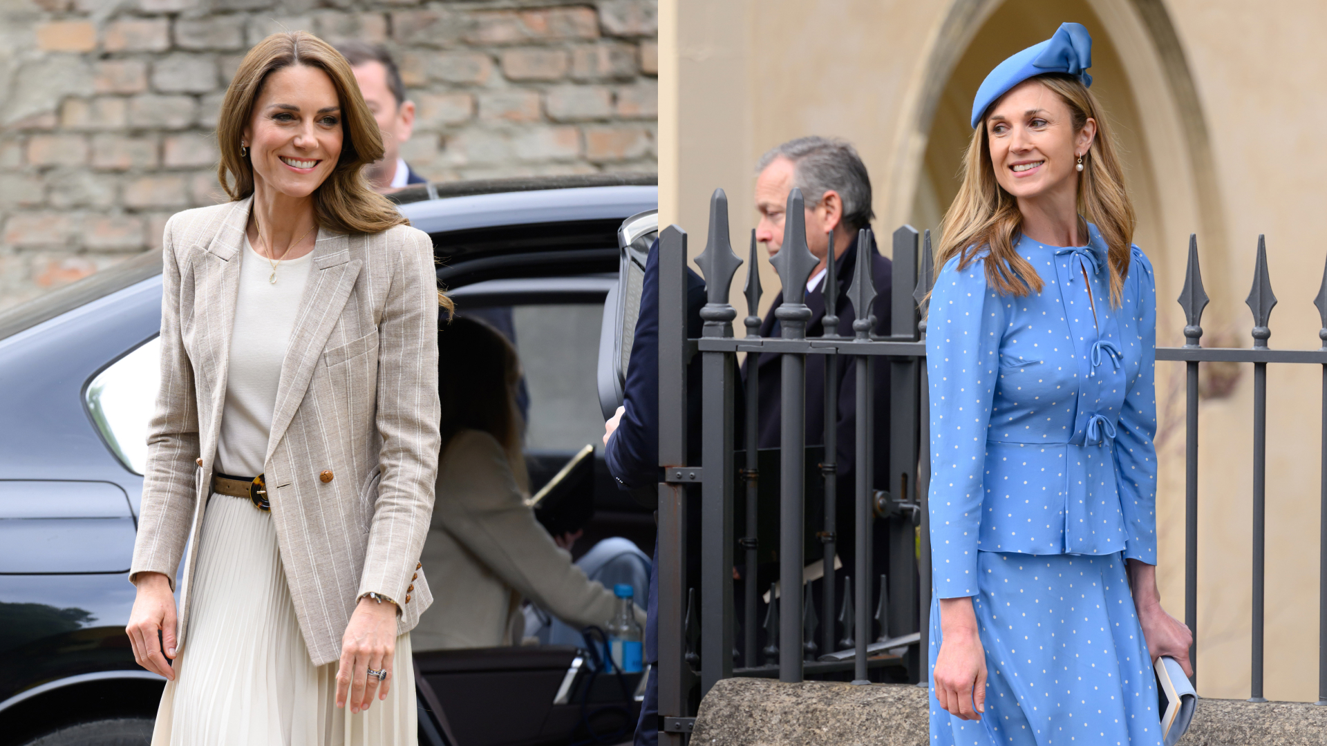 Princess Kate in a beige blazer and Harriet Sperling in a blue dress smiling