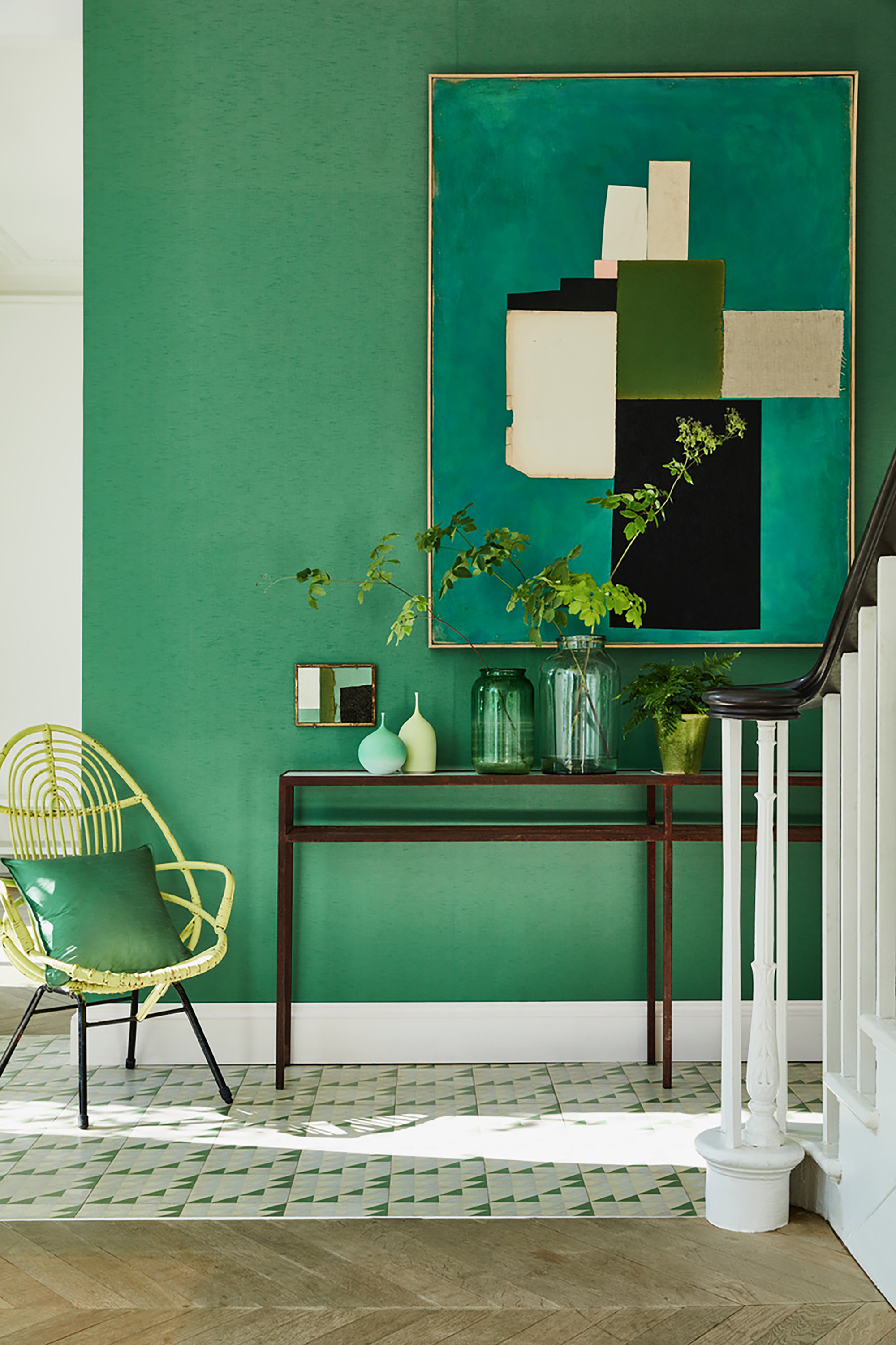 Green hallway in James Hare's Astor wallcovering