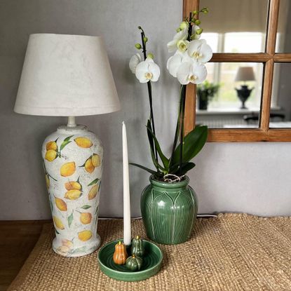 A decoupaged lemon-patterned lamp