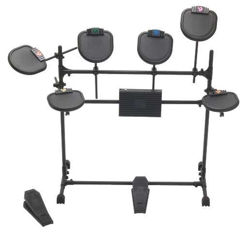 The kit comprises six rubber pads, a rack frame, pedals, a MIDI sound module (not shown) and a USB interface module
