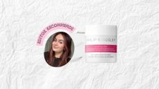 Oval image of contributing beauty editor Lucy with capitalised text reading 'Editor Recommendation' (left) and the Philip Kingsley Elasticizer (right), both sitting in front of a swatch of conditioner and against a crumpled paper effect background