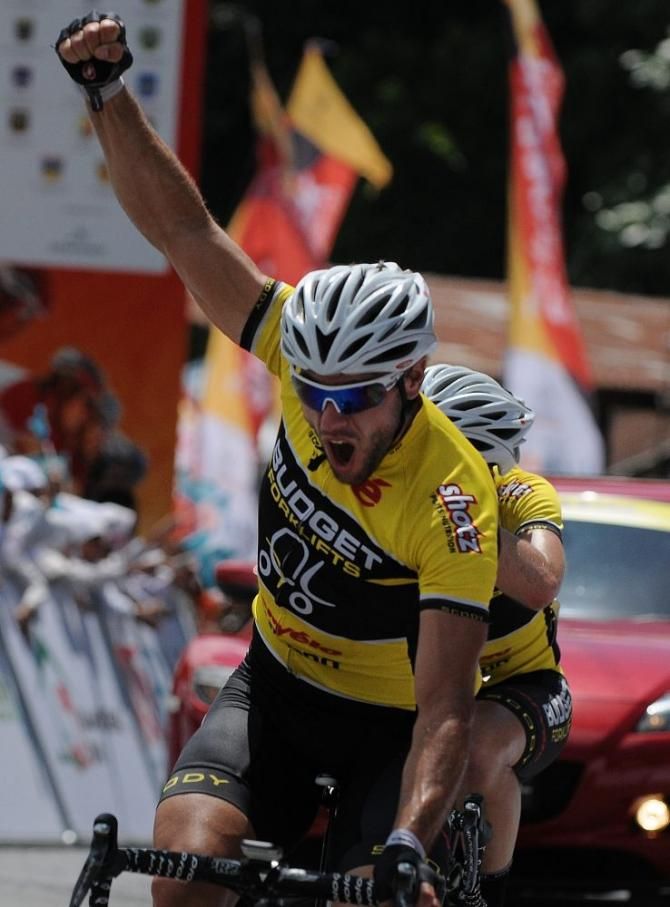 Kauffmann (Budget Forklifts) celebrates the victory while teammate Karl Evans takes second-place