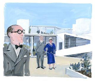 a painting of Le Corbusier shows his clients around the finished Villa