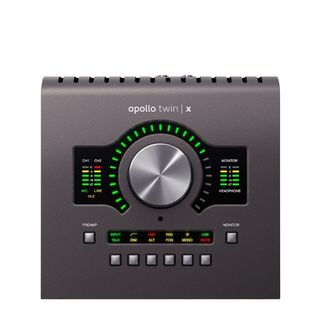 The top panel of the Universal Audio Apollo Twin X on a white background