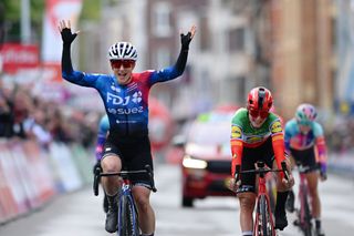 LIEGE BELGIUM APRIL 24 LR Grace Brown of Australia and Team FDJ Suez celebrates at finish line as race winner ahead of Elisa Longo Borghini of Italy and Team Lidl Trek during the 8th Liege Bastogne Liege Femmes 2024 a 1529km one day race from Bastogne to Liege UCIWWT on April 24 2024 in Liege Belgium Photo by Dario BelingheriGetty Images
