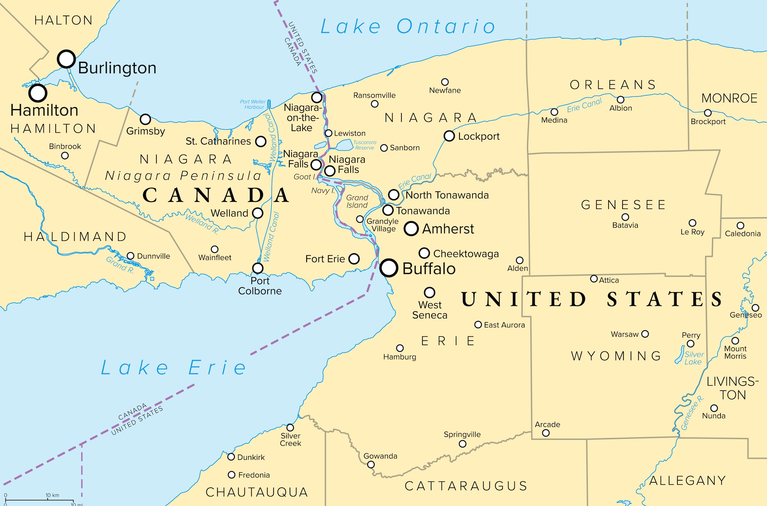A map of Canada's Niagara Peninsula, bordered by Lake Erie, Lake Ontario and New York State