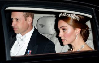 LONDON, UNITED KINGDOM - OCTOBER 23: (EMBARGOED FOR PUBLICATION IN UK NEWSPAPERS UNTIL 24 HOURS AFTER CREATE DATE AND TIME) Prince William, Duke of Cambridge and Catherine, Duchess of Cambridge depart Kensington Palace to attend a State Banquet at Buckingham Palace on day one of King Willem-Alexander of the Netherlands & Queen Maxima of the Netherlands State Visit on October 23, 2018 in London, United Kingdom. King Willem-Alexander of the Netherlands accompanied by Queen Maxima are staying at Buckingham Palace during their two day stay in the UK. The last State Visit from the Netherlands was by Queen Beatrix and Prince Claus in 1982. (Photo by Max Mumby/Indigo/Getty Images)