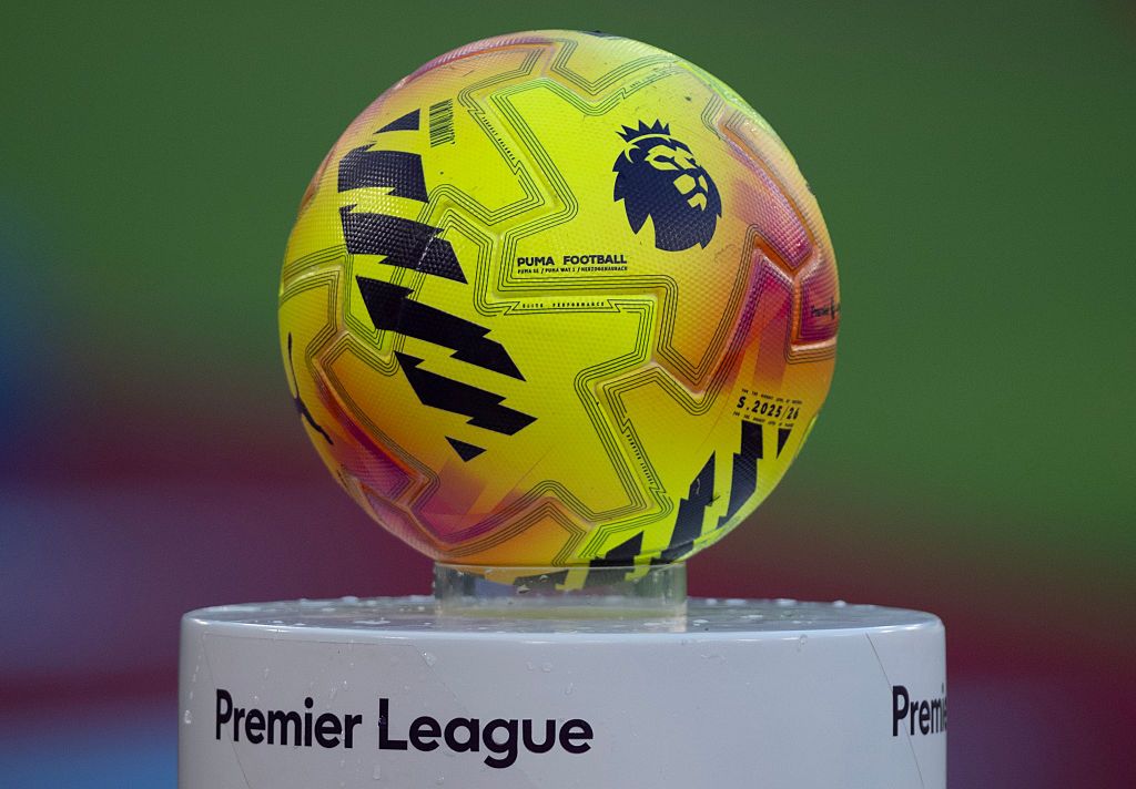 LONDON, ENGLAND - NOVEMBER 30: The Puma Hi-vis winter match ball on the Premier League plinth before the Premier League match between West Ham United and Liverpool at London Stadium on November 30, 2025 in London, England. (Photo by Visionhaus/Getty Images)