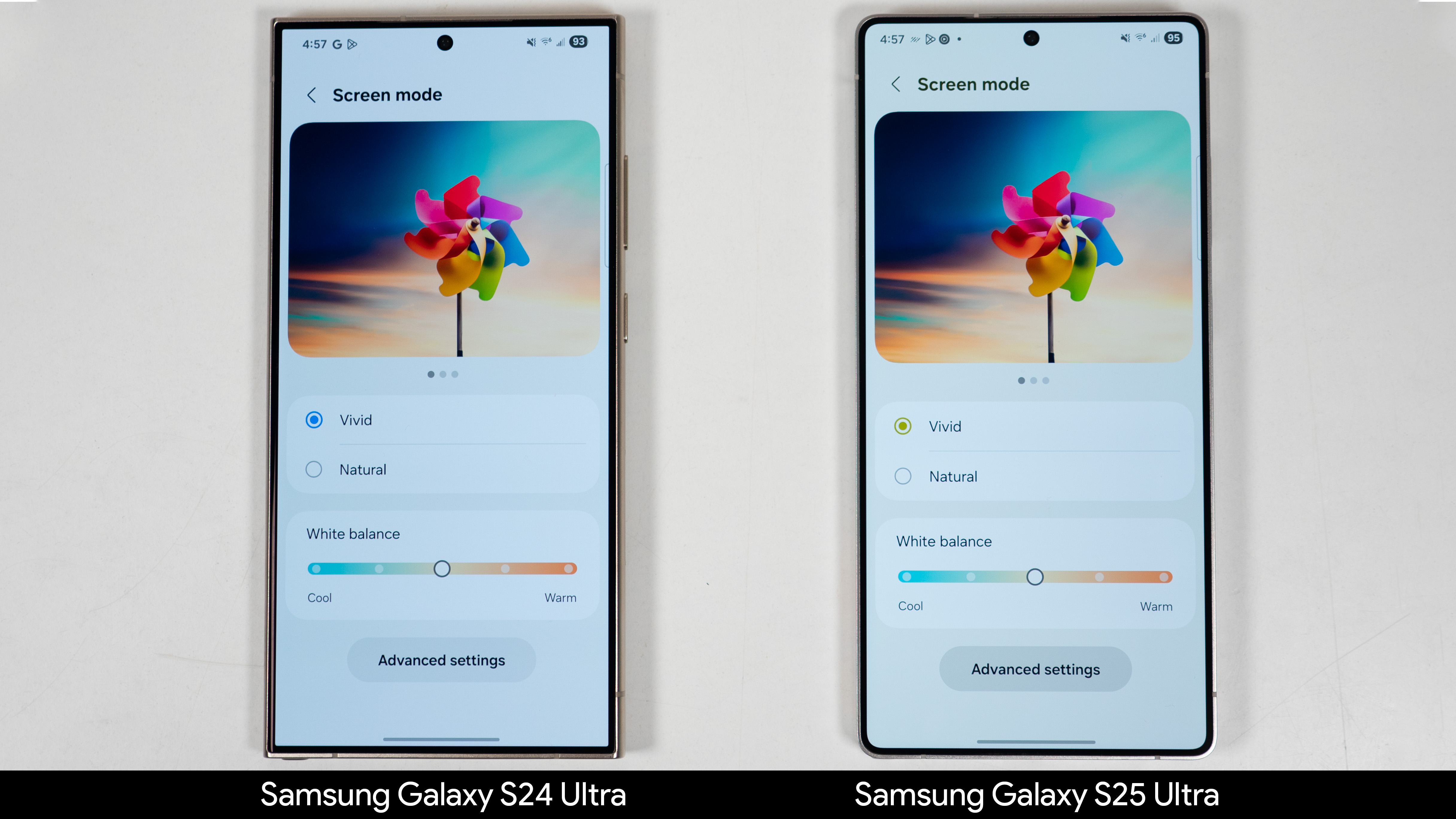 Comparing the color calibration and adjustment settings between the Samsung Galaxy S24 Ultra and Galaxy S25 Ultra
