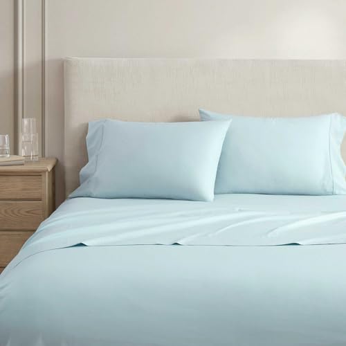 Martha Stewart - Full Size Sheets Set, Crisp &amp;amp; Tailored Cooling Sheets W/a Naturally Smooth Cotton Percale Lightweight Feel - Bed Sheets With Matching Pillowcases &amp;amp; Fitted Sheet (skylands Solid Blue)