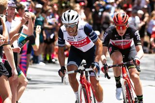 Trek-Segafredo’s Richie Porte leads Matt Holmes (Lotto Soudal) on Willunga Hill at the end of stage 6 of the 2020 Tour Down Under