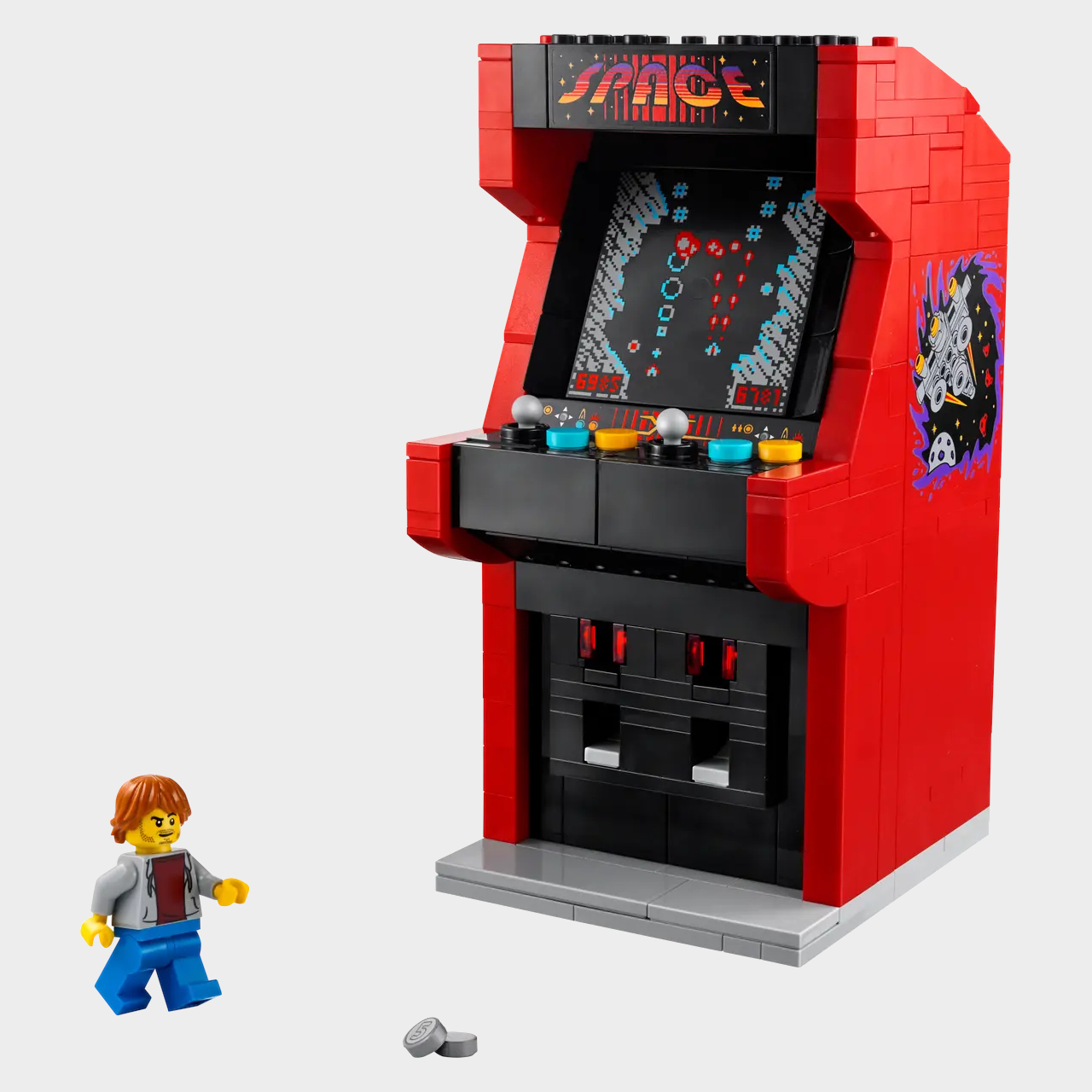 Lego Arcade Machine and minifigure on a plain background