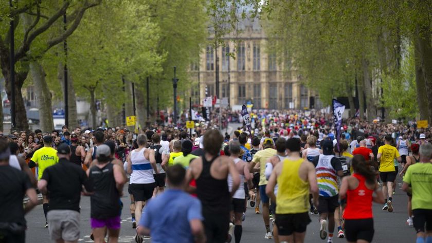 Runners compete during the London Marathon in the United Kingdom in April 2024