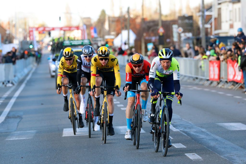 Taco van der Hoorn leads the breakaway at Kuurne-Brussel-Kuurne