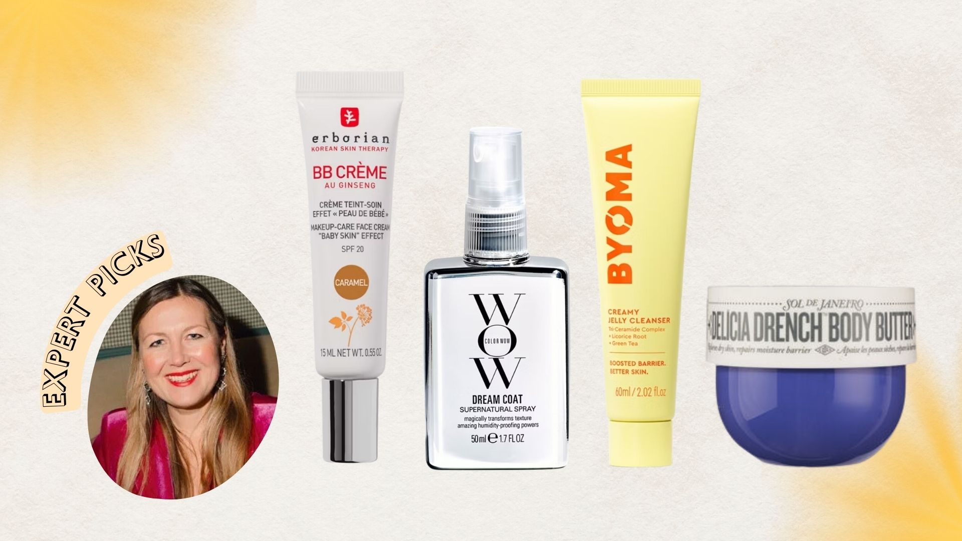Erborian BB cream, Color Wow Dreamcoat mini, Byoma face wash and Sol de Janeiro body butter mini