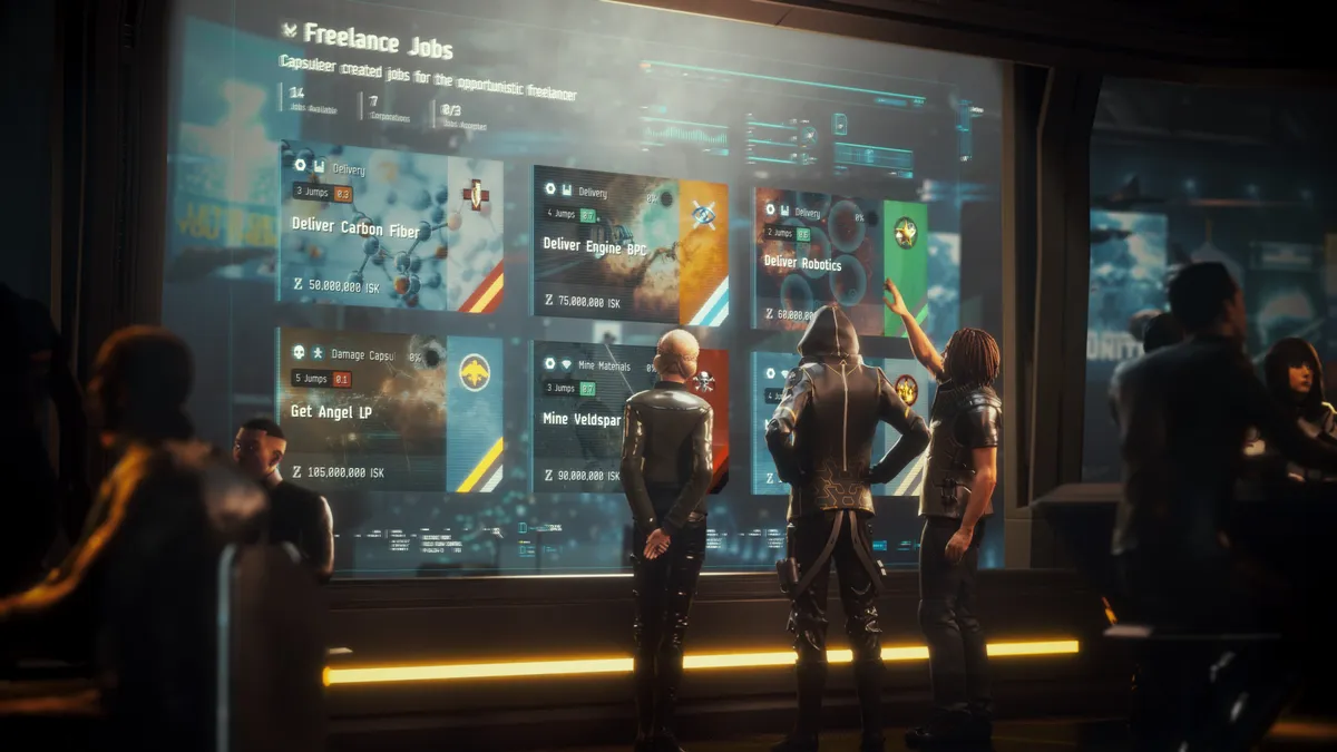 EVE concept screen showing freelancers looking at a holographic jobs board.