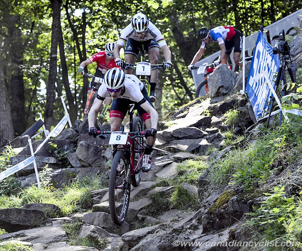 Anton Cooper (NZl) Trek Factory Racing XC, Nino Schurter (Sui) Scott-SRAM MTB Racing at the top of Beatrice rock descent