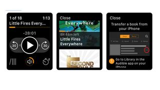 Skjermbilder fra appen Audible på Apple Watch.