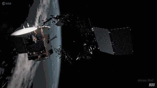 An illustration of a satellite breaking up in orbit.