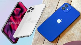An unofficial render of a white iPhone 14 alongside a photo of a blue iPhone 12 on wooden decking
