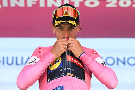 Giulio Ciccone of Italy and Team Lidl - Trek celebrates at podium as Pink Leader Jersey winner during the 109th Giro d'Italia 2026