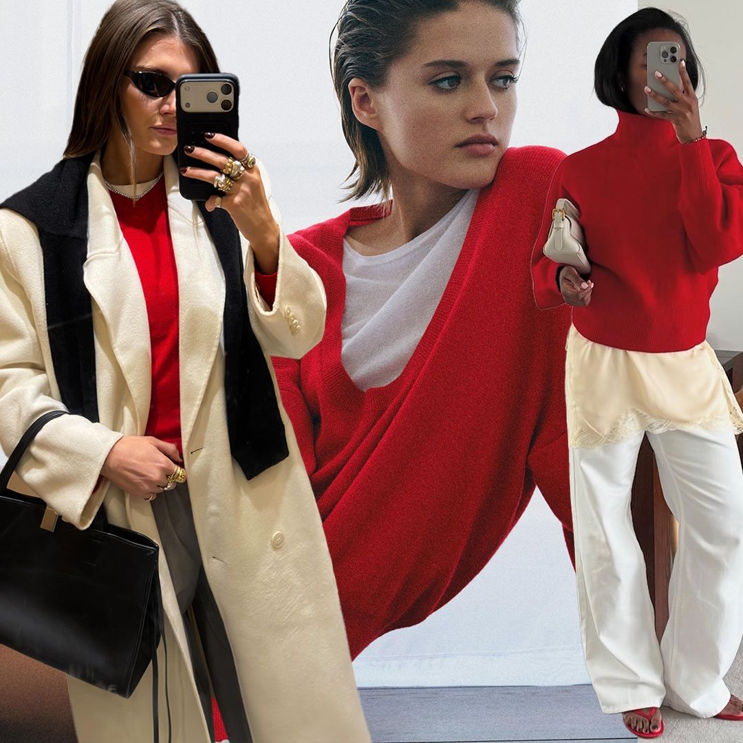 fashion collage featuring two style influencers like Coco Schiffer and Marilyn Nwawulor-Kazemaks, plus a Zara model shot wearing the red sweater trend for 2026