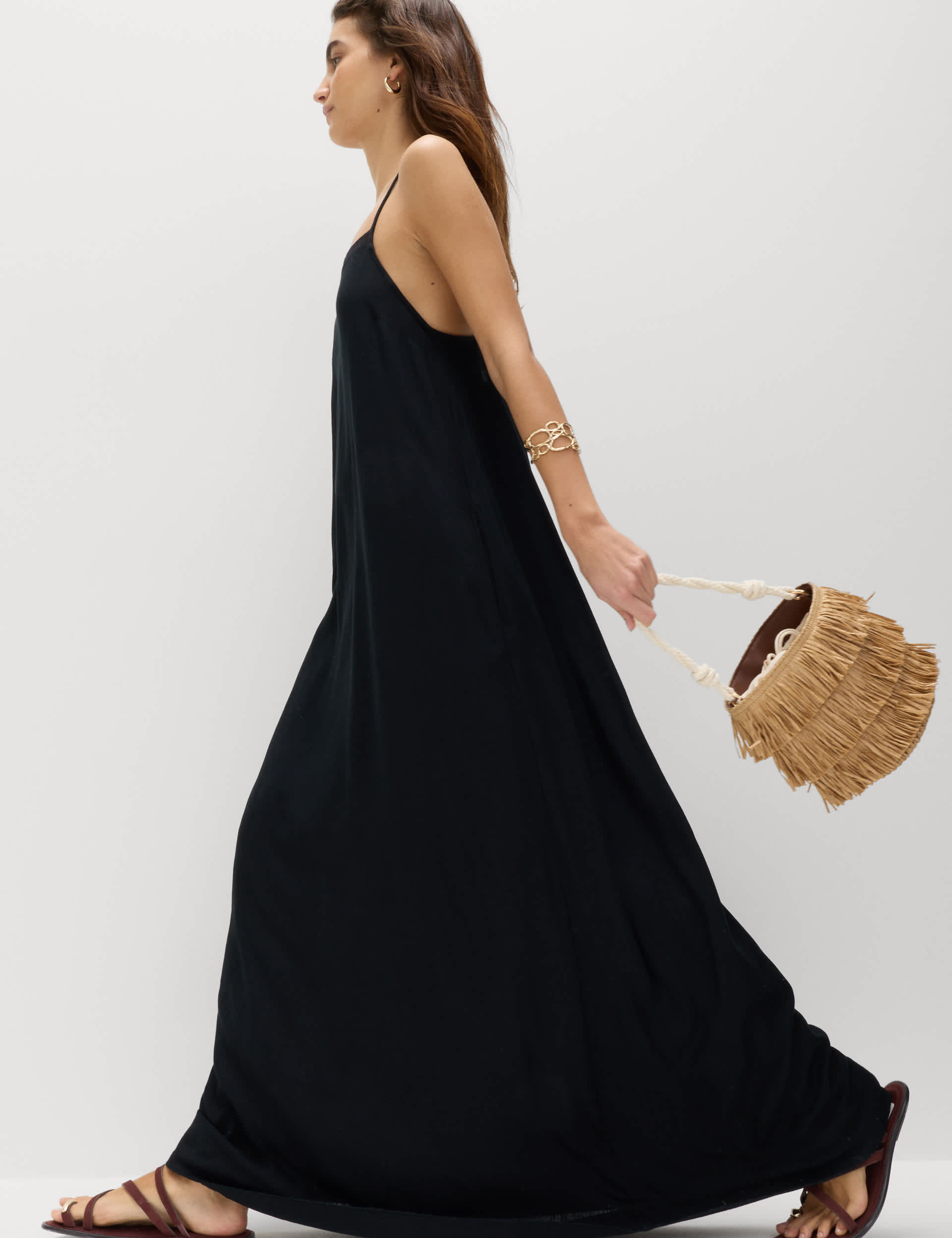 Square Neck Lace Insert Maxi Shift Dress with Linen