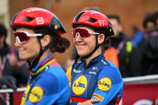 SIENA ITALY MARCH 02 Lauretta Hanson of Australia and Team LidlTrek prior to the 10th Strade Bianche 2024 Womens Elite a 137km one day race from Siena to Siena 320m UCIWWT on March 02 2024 in Siena Italy Photo by Luc ClaessenGetty Images