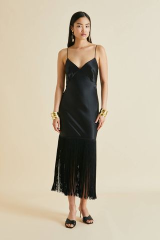 Zoya Black Fringed Slip Dress in Silk Satin