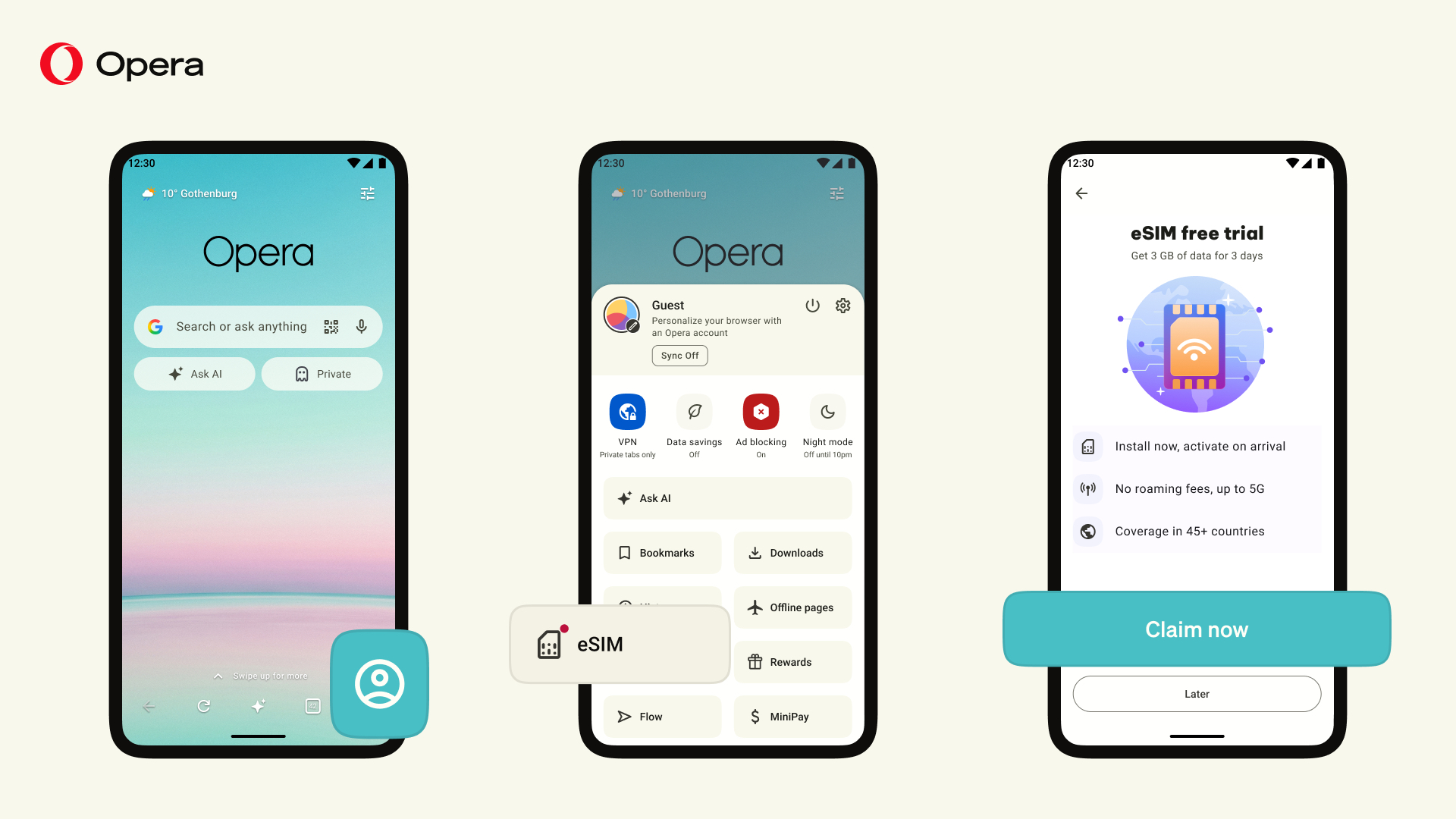 Steps to claim free eSIM from Opera on its Android browser
