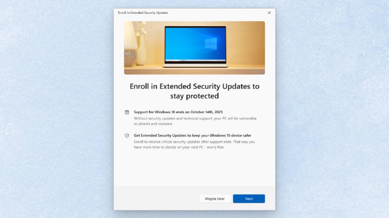 Windows 10 Extended Security Update notification on blue background
