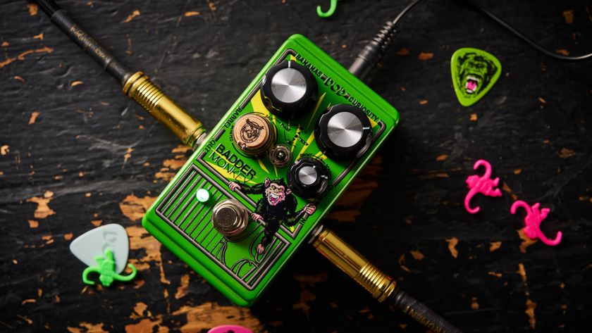 The DOD Badder Monkey is another little green overdrive pedal &ndash; but like no other. Pictured here against a distressed wooden floor, it has a wooden barrel control, and a primate illustration on the front.