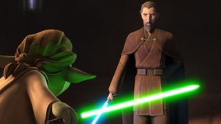 (L to R) Yoda (from behind) and Count Dooku in Star Wars: Tales of The Jedi