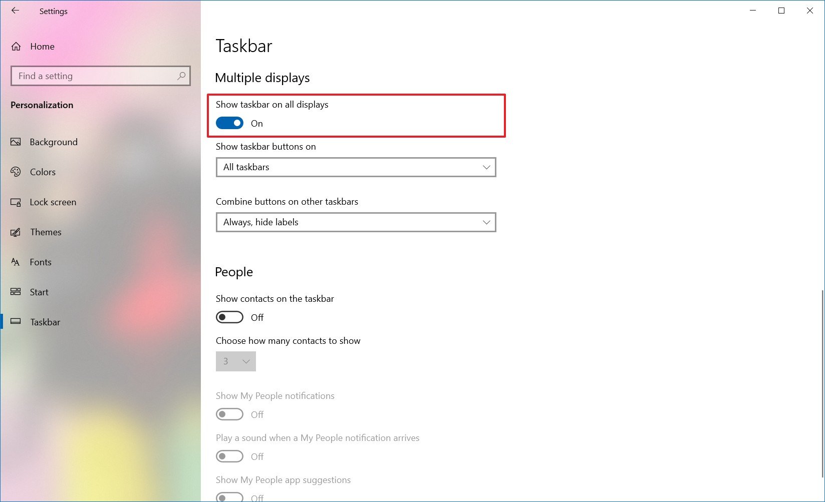 Windows 10 taskbar settings