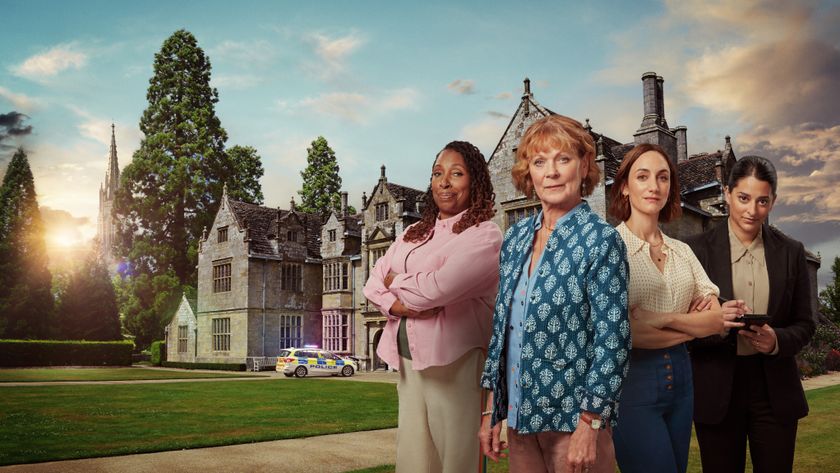 Jo Martin as Suzie, Samantha Bond as Judith, Cara Horgan as Becks and Natalie Dew and Tanika stand outside a stately home in The Marlow Murder Club.