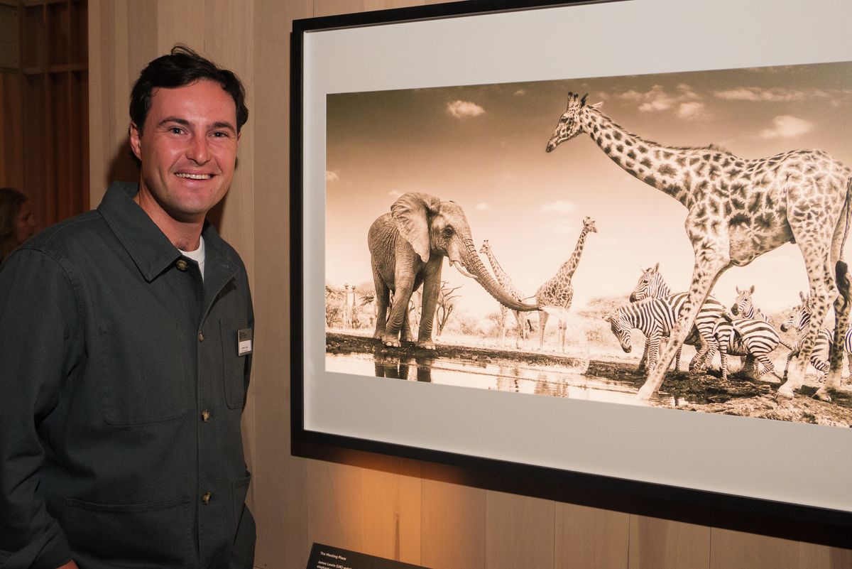 Photographer James Lewin stood next to his winning photograph of an elephant spraying water over zebra and giraffe at a waterhole, at the contests exhibition in the Natural History Museum, London